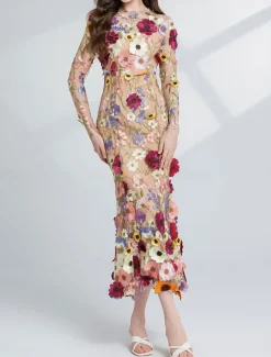 Mermaid / Trumpet Party Dresses Elegant Dress Wedding Wedding Guest Tea Length Long Sleeve Crew Neck Tulle with Floral Embroidered Lace