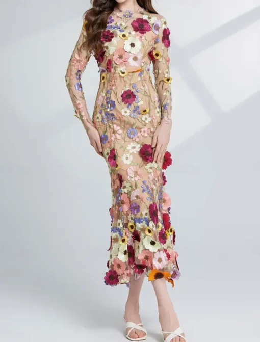Mermaid / Trumpet Party Dresses Elegant Dress Wedding Wedding Guest Tea Length Long Sleeve Crew Neck Tulle with Floral Embroidered Lace