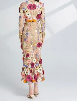 Mermaid / Trumpet Party Dresses Elegant Dress Wedding Wedding Guest Tea Length Long Sleeve Crew Neck Tulle with Floral Embroidered Lace