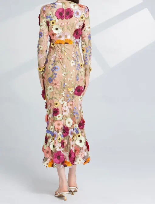 Mermaid / Trumpet Party Dresses Elegant Dress Wedding Wedding Guest Tea Length Long Sleeve Crew Neck Tulle with Floral Embroidered Lace