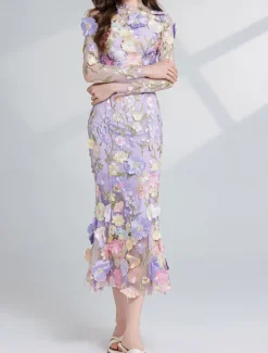 Mermaid / Trumpet Party Dresses Elegant Dress Wedding Wedding Guest Tea Length Long Sleeve Crew Neck Tulle with Floral Embroidered Lace