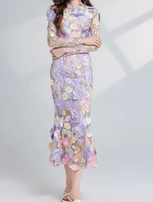 Mermaid / Trumpet Party Dresses Elegant Dress Wedding Wedding Guest Tea Length Long Sleeve Crew Neck Tulle with Floral Embroidered Lace