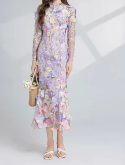 Mermaid / Trumpet Party Dresses Elegant Dress Wedding Wedding Guest Tea Length Long Sleeve Crew Neck Tulle with Floral Embroidered Lace