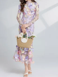 Mermaid / Trumpet Party Dresses Elegant Dress Wedding Wedding Guest Tea Length Long Sleeve Crew Neck Tulle with Floral Embroidered Lace