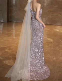 Mermaid / Trumpet Prom Dresses Elegant Dress Formal Wedding Sweep / Brush Train Sleeveless One Shoulder Tulle with Feather Glitter