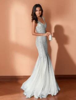 Mermaid / Trumpet Prom Dresses Elegant Dress Formal Wedding Floor Length Sleeveless V Neck Sequined with Glitter Tassel