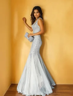 Mermaid / Trumpet Prom Dresses Elegant Dress Formal Wedding Floor Length Sleeveless V Neck Sequined with Glitter Tassel