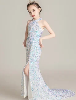 Mermaid / Trumpet Sweep / Brush Train Flower Girl Dress Pageant & Performance Little Mermaid Ariel Juniors Cute Prom Dress Sequined with Split Front Sparkle & Shine Fit 3-16 Years