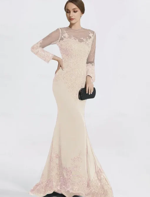 Mermaid Black Dress Evening Gown Sequin Prom Dress Sparkle Formal Gown Sweep / Brush Train Long Sleeve Illusion Neck Lace with Appliques dress to impress