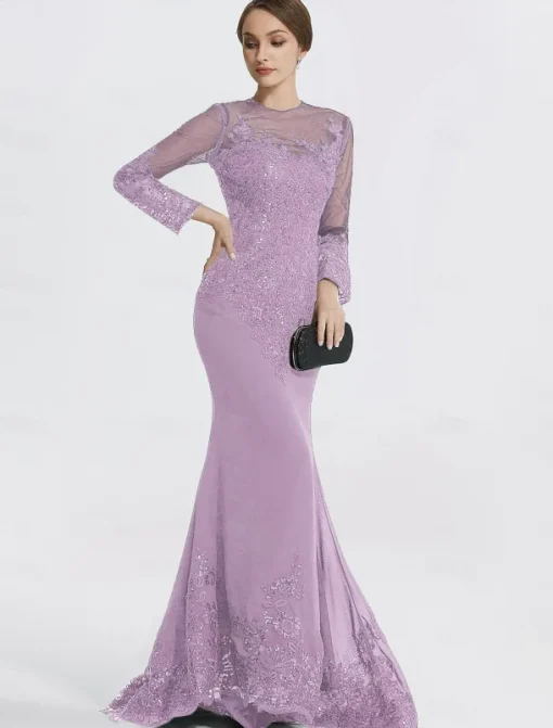 Mermaid Black Dress Evening Gown Sequin Prom Dress Sparkle Formal Gown Sweep / Brush Train Long Sleeve Illusion Neck Lace with Appliques dress to impress