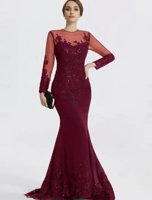 Mermaid Black Dress Evening Gown Sequin Prom Dress Sparkle Formal Gown Sweep / Brush Train Long Sleeve Illusion Neck Lace with Appliques dress to impress