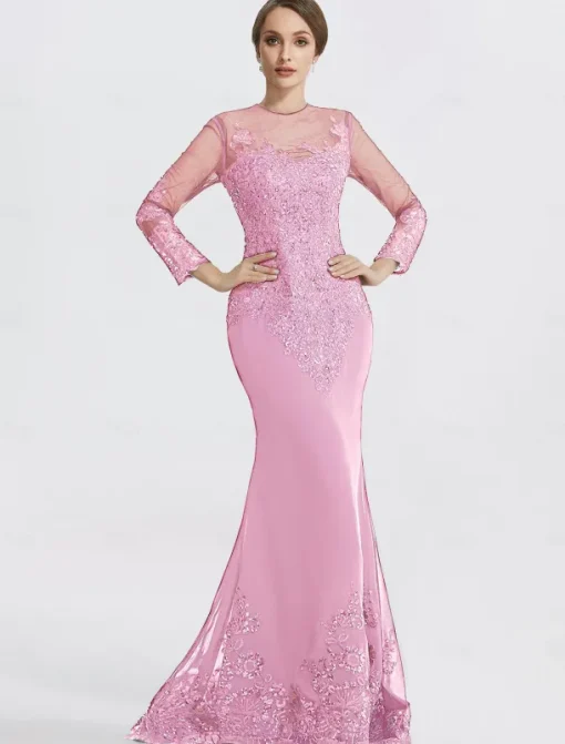 Mermaid Black Dress Evening Gown Sequin Prom Dress Sparkle Formal Gown Sweep / Brush Train Long Sleeve Illusion Neck Lace with Appliques dress to impress