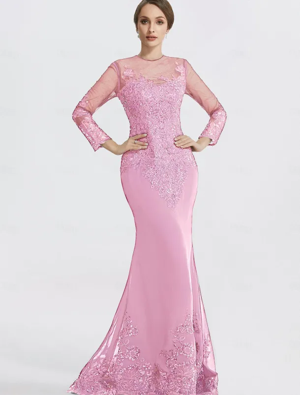 Mermaid Black Dress Evening Gown Sequin Prom Dress Sparkle Formal Gown Sweep / Brush Train Long Sleeve Illusion Neck Lace with Appliques dress to impress