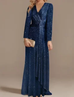 Mermaid Dress Party Dress Formal Wedding Guest Sweep / Brush Train Long Sleeve V Neck Sequined with Sequin dress to impress