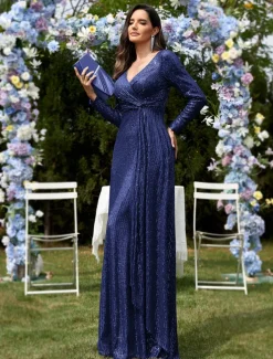 Mermaid Dress Party Dress Formal Wedding Guest Sweep / Brush Train Long Sleeve V Neck Sequined with Sequin dress to impress