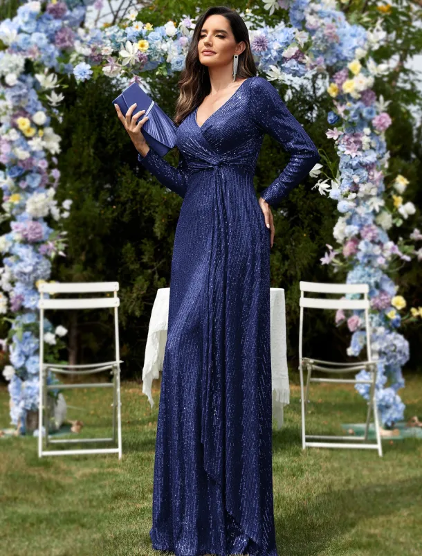 Mermaid Dress Party Dress Formal Wedding Guest Sweep / Brush Train Long Sleeve V Neck Sequined with Sequin dress to impress