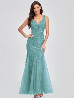 Mermaid Evening Gown Elegant Dress Beach Wedding Valentine's Day Wedding Guest Floor Length Sleeveless V Neck Tulle V Back with Embroidery dress to impress