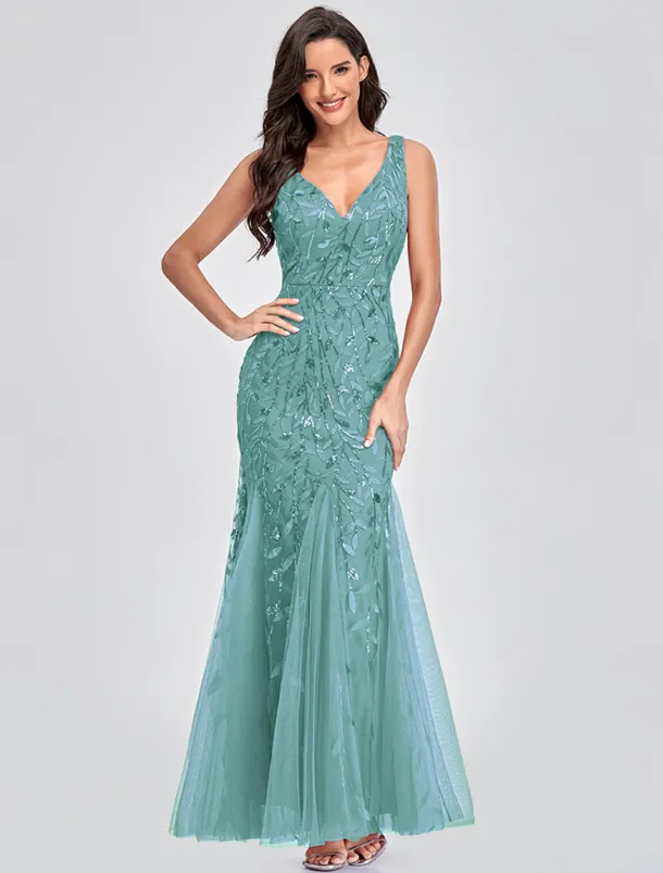 Mermaid Evening Gown Elegant Dress Beach Wedding Valentine's Day Wedding Guest Floor Length Sleeveless V Neck Tulle V Back with Embroidery dress to impress