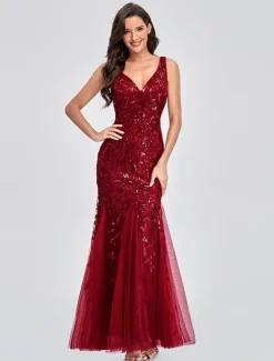 Mermaid Evening Gown Elegant Dress Beach Wedding Valentine's Day Wedding Guest Floor Length Sleeveless V Neck Tulle V Back with Embroidery dress to impress