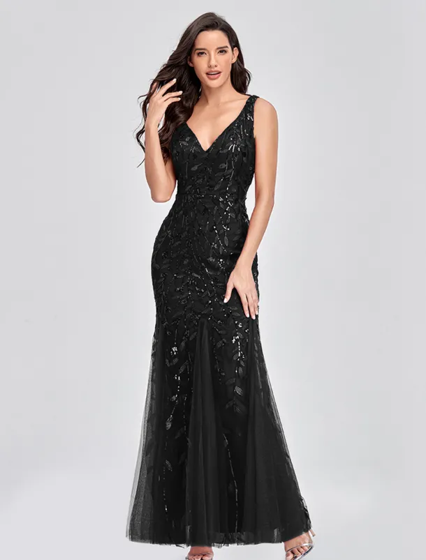 Mermaid Evening Gown Elegant Dress Beach Wedding Valentine's Day Wedding Guest Floor Length Sleeveless V Neck Tulle V Back with Embroidery dress to impress