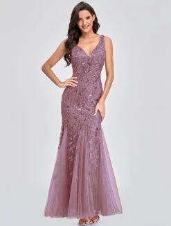 Mermaid Evening Gown Elegant Dress Beach Wedding Valentine's Day Wedding Guest Floor Length Sleeveless V Neck Tulle V Back with Embroidery dress to impress