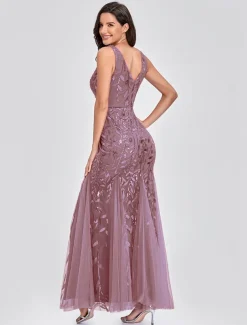 Mermaid Evening Gown Elegant Dress Beach Wedding Valentine's Day Wedding Guest Floor Length Sleeveless V Neck Tulle V Back with Embroidery dress to impress