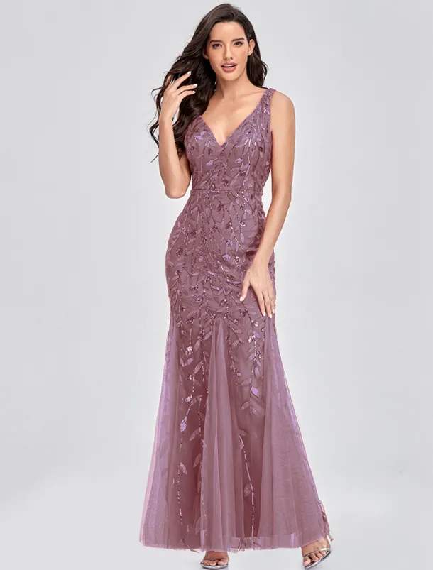 Mermaid Evening Gown Elegant Dress Beach Wedding Valentine's Day Wedding Guest Floor Length Sleeveless V Neck Tulle V Back with Embroidery dress to impress
