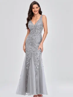 Mermaid Evening Gown Elegant Dress Beach Wedding Valentine's Day Wedding Guest Floor Length Sleeveless V Neck Tulle V Back with Embroidery dress to impress