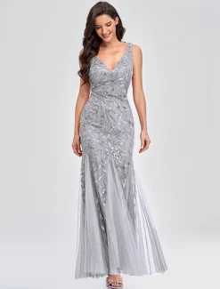 Mermaid Evening Gown Elegant Dress Beach Wedding Valentine's Day Wedding Guest Floor Length Sleeveless V Neck Tulle V Back with Embroidery dress to impress