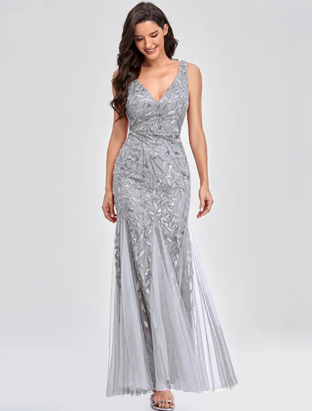 Mermaid Evening Gown Elegant Dress Beach Wedding Valentine's Day Wedding Guest Floor Length Sleeveless V Neck Tulle V Back with Embroidery dress to impress