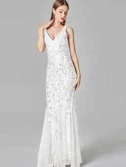 Mermaid Evening Gown Elegant Dress Beach Wedding Valentine's Day Wedding Guest Floor Length Sleeveless V Neck Tulle V Back with Embroidery dress to impress