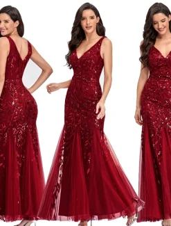 Mermaid Evening Gown Elegant Dress Beach Wedding Valentine's Day Wedding Guest Floor Length Sleeveless V Neck Tulle V Back with Embroidery dress to impress