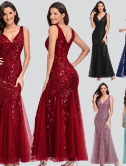 Mermaid Evening Gown Elegant Dress Beach Wedding Valentine's Day Wedding Guest Floor Length Sleeveless V Neck Tulle V Back with Embroidery dress to impress