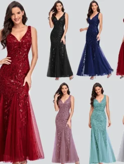 Mermaid Evening Gown Elegant Dress Beach Wedding Valentine's Day Wedding Guest Floor Length Sleeveless V Neck Tulle V Back with Embroidery dress to impress