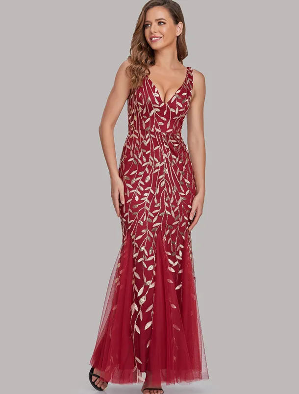 Mermaid Evening Gown Elegant Dress Beach Wedding Valentine's Day Wedding Guest Floor Length Sleeveless V Neck Tulle V Back with Embroidery dress to impress