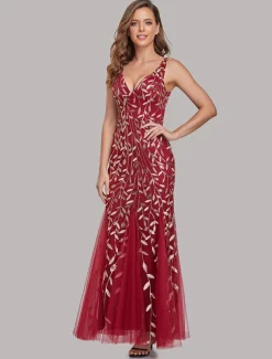 Mermaid Evening Gown Elegant Dress Beach Wedding Valentine's Day Wedding Guest Floor Length Sleeveless V Neck Tulle V Back with Embroidery dress to impress