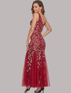 Mermaid Evening Gown Elegant Dress Beach Wedding Valentine's Day Wedding Guest Floor Length Sleeveless V Neck Tulle V Back with Embroidery dress to impress