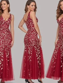 Mermaid Evening Gown Elegant Dress Beach Wedding Valentine's Day Wedding Guest Floor Length Sleeveless V Neck Tulle V Back with Embroidery dress to impress