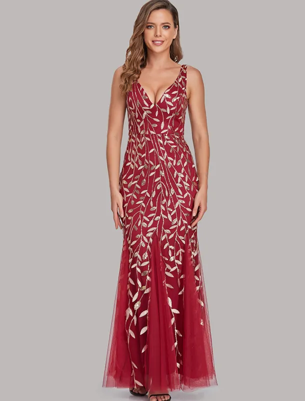 Mermaid Evening Gown Elegant Dress Beach Wedding Valentine's Day Wedding Guest Floor Length Sleeveless V Neck Tulle V Back with Embroidery dress to impress