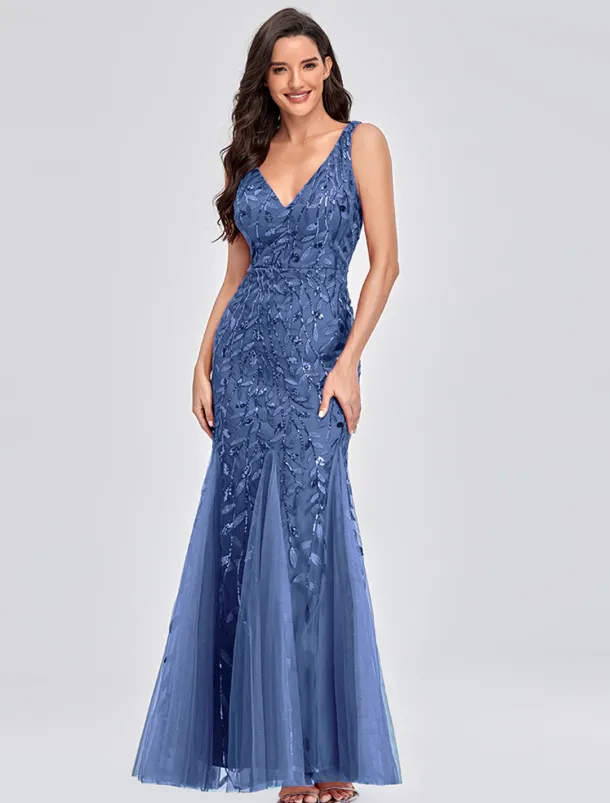 Mermaid Evening Gown Elegant Dress Beach Wedding Valentine's Day Wedding Guest Floor Length Sleeveless V Neck Tulle V Back with Embroidery dress to impress