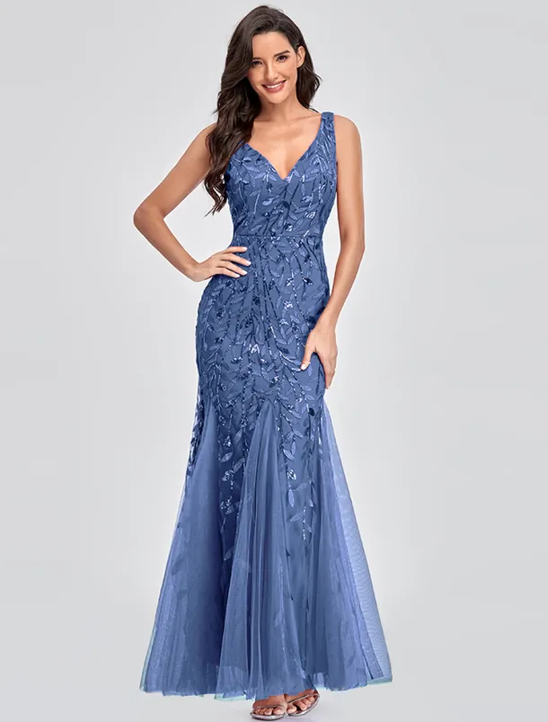 Mermaid Evening Gown Elegant Dress Beach Wedding Valentine's Day Wedding Guest Floor Length Sleeveless V Neck Tulle V Back with Embroidery dress to impress