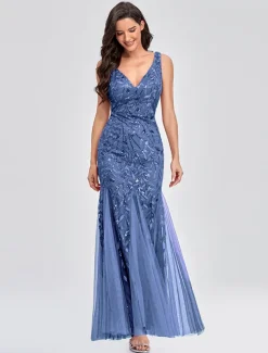 Mermaid Evening Gown Elegant Dress Beach Wedding Valentine's Day Wedding Guest Floor Length Sleeveless V Neck Tulle V Back with Embroidery dress to impress