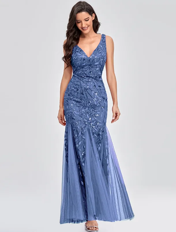 Mermaid Evening Gown Elegant Dress Beach Wedding Valentine's Day Wedding Guest Floor Length Sleeveless V Neck Tulle V Back with Embroidery dress to impress