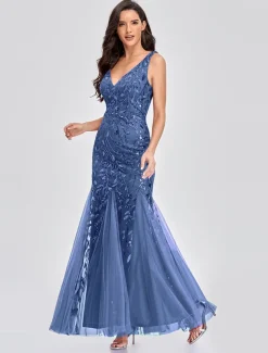 Mermaid Evening Gown Elegant Dress Beach Wedding Valentine's Day Wedding Guest Floor Length Sleeveless V Neck Tulle V Back with Embroidery dress to impress