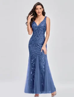 Mermaid Evening Gown Elegant Dress Beach Wedding Valentine's Day Wedding Guest Floor Length Sleeveless V Neck Tulle V Back with Embroidery dress to impress
