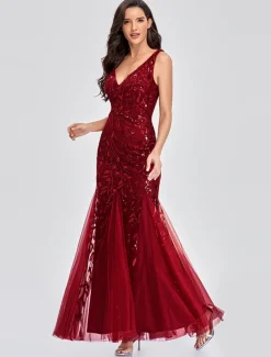 Mermaid Evening Gown Elegant Dress Beach Wedding Valentine's Day Wedding Guest Floor Length Sleeveless V Neck Tulle V Back with Embroidery dress to impress