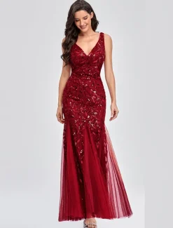 Mermaid Evening Gown Elegant Dress Beach Wedding Valentine's Day Wedding Guest Floor Length Sleeveless V Neck Tulle V Back with Embroidery dress to impress