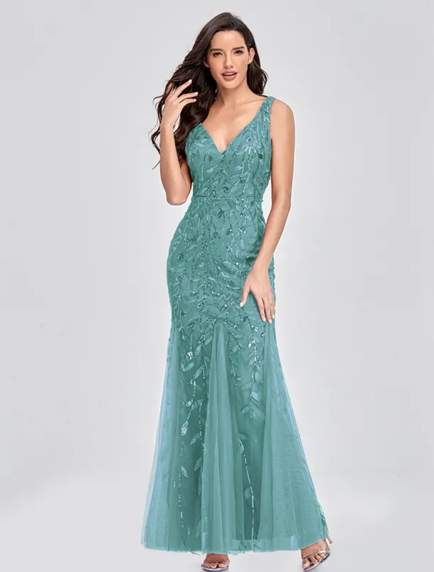 Mermaid Evening Gown Elegant Dress Beach Wedding Valentine's Day Wedding Guest Floor Length Sleeveless V Neck Tulle V Back with Embroidery dress to impress