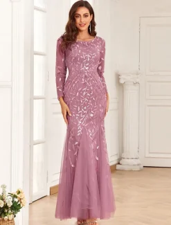 Mermaid Evening Gown Sequin Elegant Dress Wedding Guest Prom Floor Length Long Sleeve Jewel Neck Tulle with Embroidery dress to impress