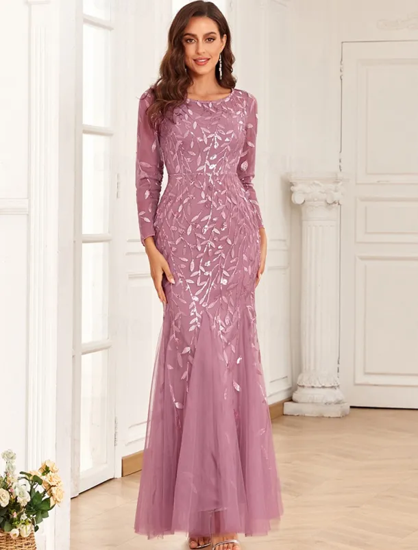 Mermaid Evening Gown Sequin Elegant Dress Wedding Guest Prom Floor Length Long Sleeve Jewel Neck Tulle with Embroidery dress to impress